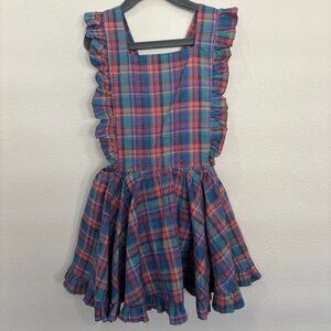 Numi green, blue, orange & white plaid pinafore dress, attached snap bloomers